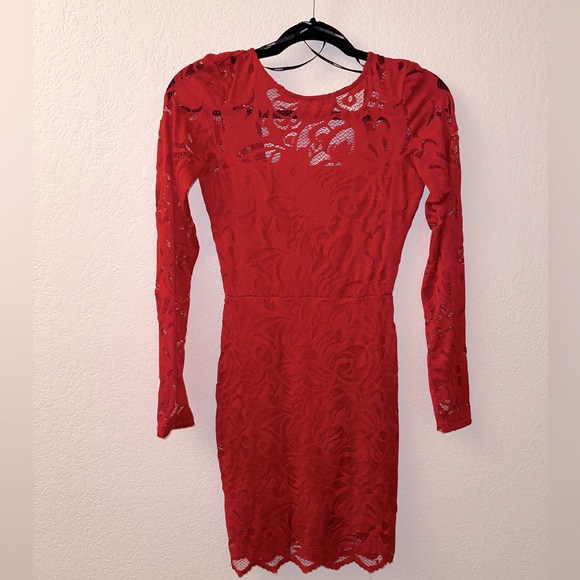 Forever 21 | Dresses | Forever 2 Sexy Red Lace Long Sleeve Open Back Mini  Dress | Poshmark